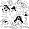Pirate sea animals swimming under the sea. Vector black and white coloring page.
