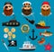 Pirate, sea captain and fisherman. Portraits of people of sea professions, their ships and things. Set of objects nautical theme.