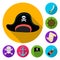 Pirate, sea robber flat icons in set collection for design. Treasures, attributes vector symbol stock web illustration.