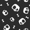 Pirate seamless pattern with white cute cartoon skeleton skulls and bones against plain black background. Monochrome