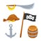 Pirate set with wooden barrel, black flag, anchor, bag with gold coins, cross swords and skull in bandana in cartoon