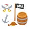 Pirate set with wooden barrel, black flag, anchor, bag with gold coins, cross swords and skull in bandana in cartoon