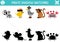 Pirate shadow matching activity with animals. Treasure island hunt puzzle with cute rat, parrot, seagull, monkey, crab. Find
