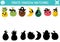 Pirate shadow matching activity. Treasure island hunt puzzle with cute fruit pirates. Find correct silhouette printable worksheet