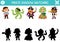 Pirate shadow matching activity. Treasure island hunt puzzle with cute pirates, mermaid, octopus. Find correct silhouette