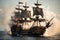 pirate ship, with cannons firing and smoke rising into the air