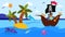 Pirate ship in cartoon sea with animal, vector illustration. Ocean marine adventure, captain look at fish character in