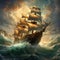 Pirate ship caught in a storm. Pirate ship in the night