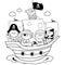 Pirate ship with children pirates. Pirate boys and girls sailing on a ship at the sea. Vector black and white coloring page.