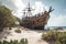 pirate ship, deserted and decaying on deserted island