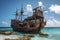 pirate ship, deserted and decaying on deserted island