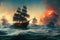 pirate ship fighting scene, fire canons ahead, disaster, ai generated image