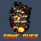 Pirate ship on fire game over message pixel art style illustration