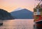 Pirate ship  on Lake Ashi in the sunset light. Hakone, Kanagawa. Honshu. Japan