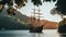 Pirate ship with lowered sails drifts on azure sea during calm arriving to hilly coast