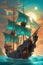 A pirate ship on the magical turquoise sea, mystical place, two moons, clouds, sky, luminescent, fantasy
