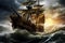 Pirate Ship Painting in Stormy Sea, A Captivating Maritime Artwork Depicting the Perilous Journey, A pirate ship sailing in rough