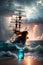 The Pirate Ship\\\'s Endeavor to Reach the Shore amidst Storm and Lightning on a Choppy Sea. AI generated