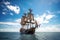 pirate ship sailing through calm, sunny day, with blue skies and fluffy clouds