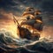 Pirate ship sailing on the ocean at a storm. Vintage cruise.