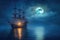 pirate ship sailing under a full moon with ghostly aura