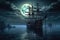 pirate ship sailing under a full moon with ghostly aura