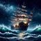 A pirate ship sailling on a big ocean with the waves at a starry night scene, painting, stunning