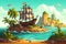 pirate ship stranded in small island cartoon illustration ai generated