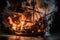 pirate ship surrounded by flames, roaring fire in the middle of battle