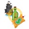 Pirate ship, treasure map, a bottle with a message. Graphics Pirate theme
