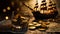 Pirate ship, treasure map, old vintage map, pirate\\\'s gold coins, candle, pirate treasure coin, gold coins, animation