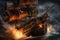 pirate ship under attack from enemy fire, with smoke and flames billowing on deck
