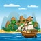 Pirate ship under sail in ocean, Island Treasure tropical, palms, mountains. Sea landscape, adventure, game. Vector