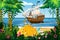 Pirate ship under sail in ocean. Tropical Island, treasure gold pile, tropical, palms, floral, plants. Sea landscape