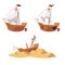 Pirate ship wreck set - new and old boat with black flag, shipwreck parts