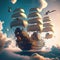 Pirate ships flying above the clouds, Mechanical flying ship, A mysterious boat in, generative ai