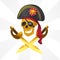 Pirate skull in red bandana and cocked hat with sabers criss-cross on isolated background. Vector image