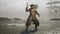 A pirate stands on a deserted ocean shore and fires his formidable pistol. The man was created using 3D computer