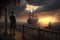 Pirate stands in port overlooking old sailing ships in sea at sunset, generative AI