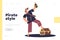 Pirate style concept of landing page with cartoon sailor holding bottle of rum leg on treasure box