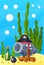 Pirate theme. Vector cartoon cannon with cannonball, bottle of papyrus, pirate hat at depths of sea, among the sand under water.