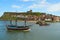 Pirate tourist boat returning to harbor after sailing the ocean