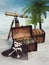 Pirate treasure and flag on a deserted island