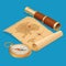 Pirate Treasure map on a ruined old Parchment with spyglass and compass vector isometric illustration