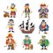Pirate vector piratic character buccaneer man in pirating costume in hat with sword illustration set of piracy sailor