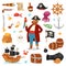 Pirate vector piratic character buccaneer man in pirating costume in hat with sword illustration set of piracy signs and