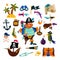 Pirate vector piratic character buccaneer man in pirating costume in hat with sword illustration set of piracy signs and