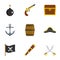 Pirates attributes icon set, flat style