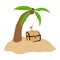 Pirates closed wooden treasure chest on sand under palm