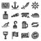 Pirates icons set sabre, hook,, old ship, spyglass, treasure chest, cannon, anchor, rudder, map, barrel, rum
